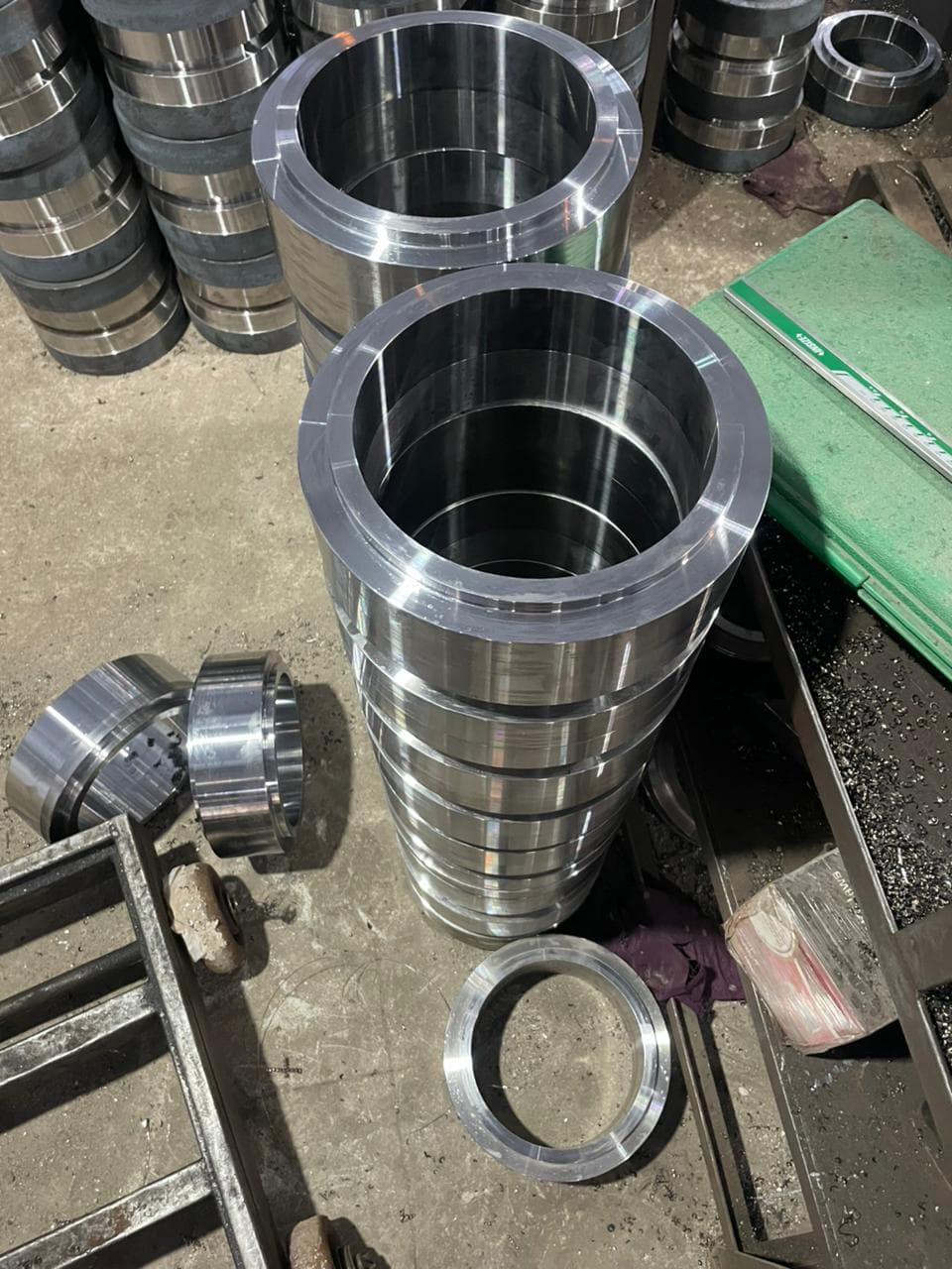 Finished bearing rings wrapped and ready inside the finished goods area.